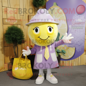 Lavender Lemon mascot costume character dressed with a Coat and Tote bags