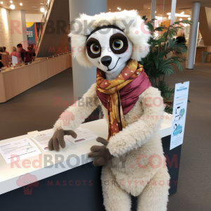 Cream Lemur mascot costume character dressed with a Pencil Skirt and Scarves