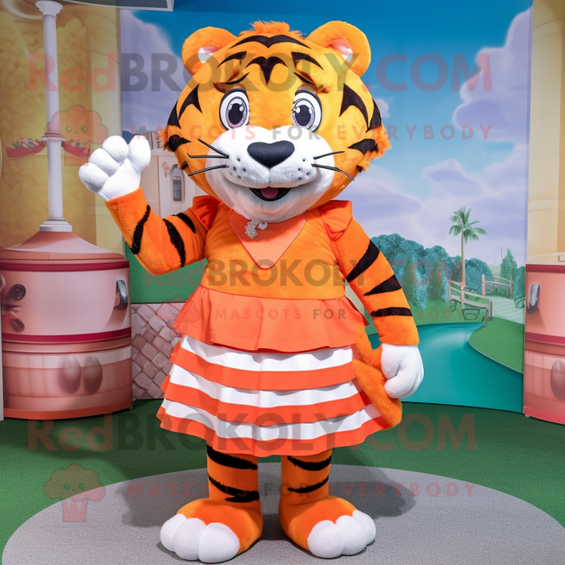 Orange Tiger mascot costume character dressed with a Pleated Skirt and Bracelets