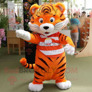 Orange Tiger mascot costume character dressed with a Pleated Skirt and Bracelets
