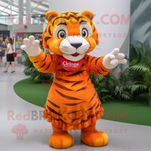 Orange Tiger mascot costume character dressed with a Pleated Skirt and Bracelets