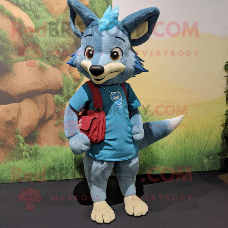 Teal Dingo mascot costume character dressed with a Denim Shorts and Shoe laces Teal Dingo mascot costume character dressed with a Denim Shorts and Shoe laces