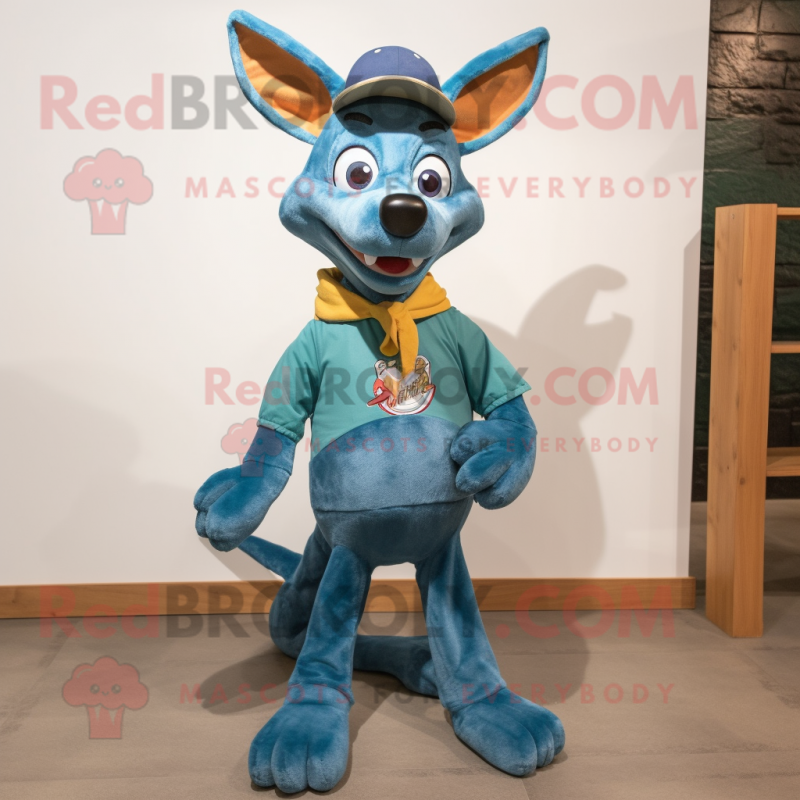 Teal Dingo mascot costume character dressed with a Denim Shorts and Shoe laces