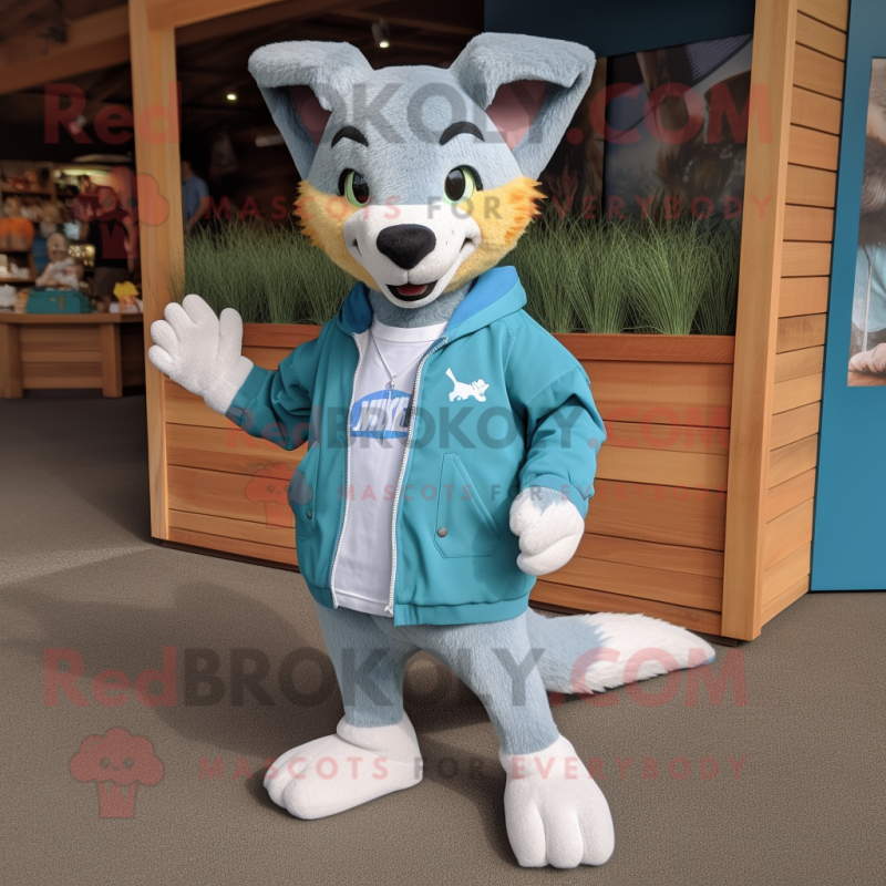 Teal Dingo mascot costume character dressed with a Denim Shorts and Shoe laces Teal Dingo mascot costume character dressed with a Denim Shorts and Shoe laces
