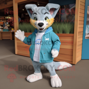 Teal Dingo mascot costume character dressed with a Denim Shorts and Shoe laces