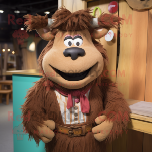 Brown Yak mascot costume character dressed with a Corduroy Pants and Ties