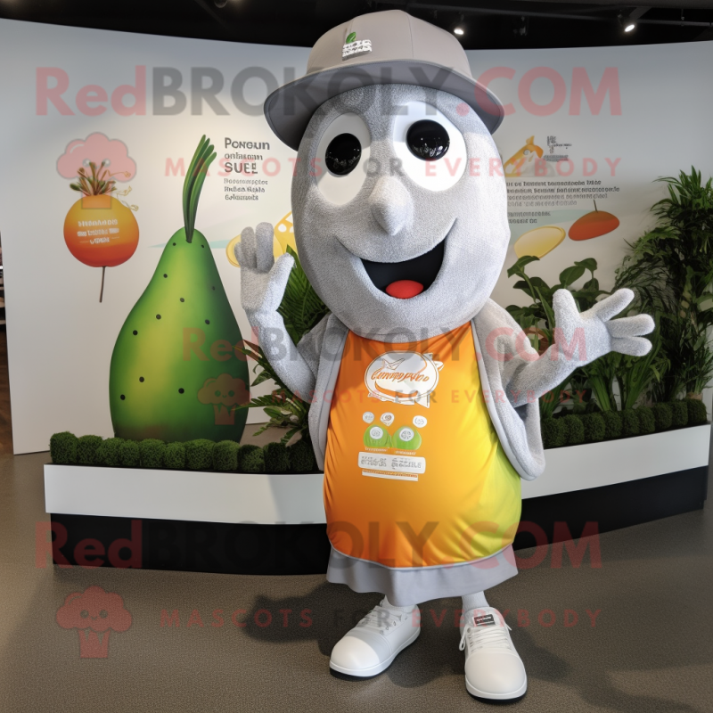 Silver Mango mascot costume character dressed with a T-Shirt and Beanies Silver Mango mascot costume character dressed with a T-Shirt and Beanies