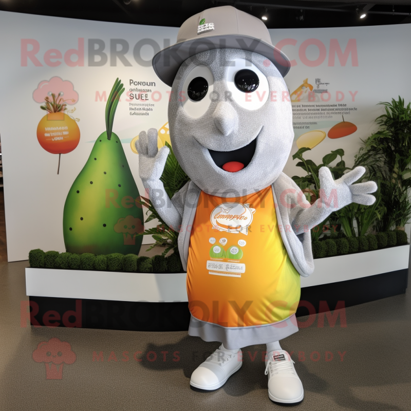 Silver Mango mascot costume character dressed with a T-Shirt and Beanies