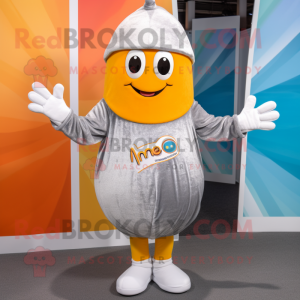 Silver Mango mascot costume character dressed with a T-Shirt and Beanies