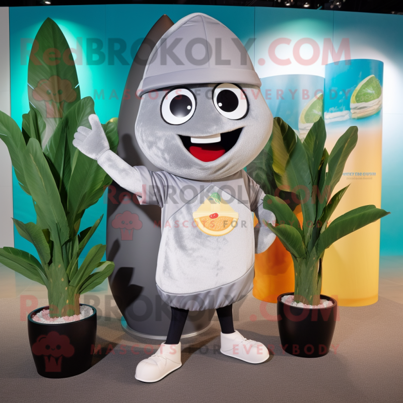 Silver Mango mascot costume character dressed with a T-Shirt and Beanies