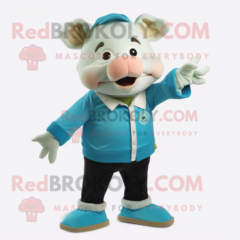 Cyan Pig mascot costume character dressed with a Chinos and Shoe clips