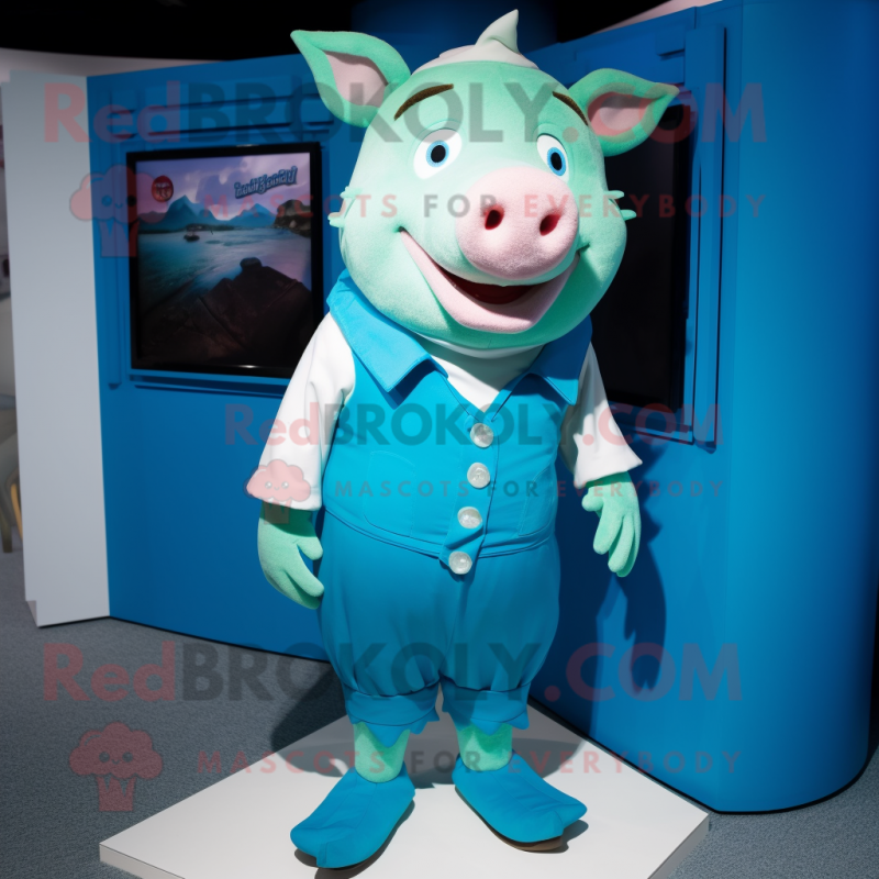 Cyan Pig mascot costume character dressed with a Chinos and Shoe clips