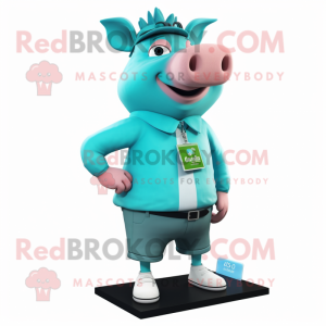 Cyan Pig mascot costume character dressed with a Chinos and Shoe clips