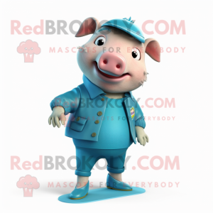 Cyan Pig mascot costume character dressed with a Chinos and Shoe clips