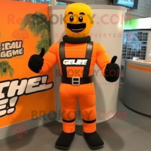 Orange Gi Joe mascot costume character dressed with a Waistcoat and Bracelet watches