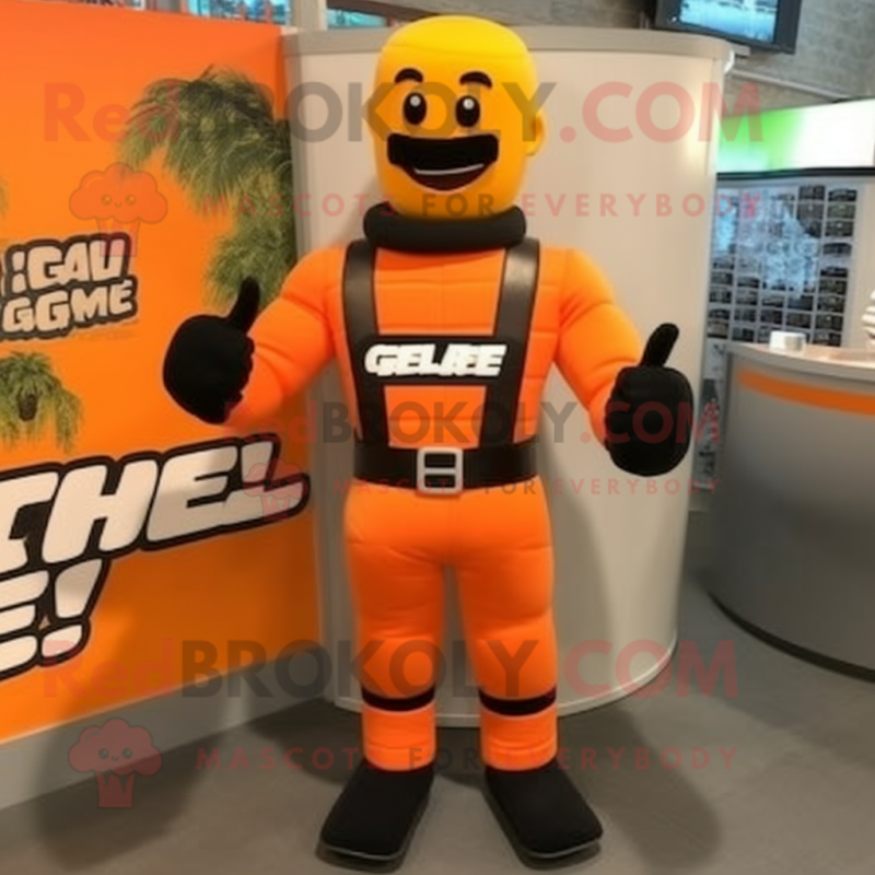 Orange Gi Joe mascot costume character dressed with a Waistcoat and Bracelet watches Orange Gi Joe mascot costume character dressed with a Waistcoat and Bracelet watches