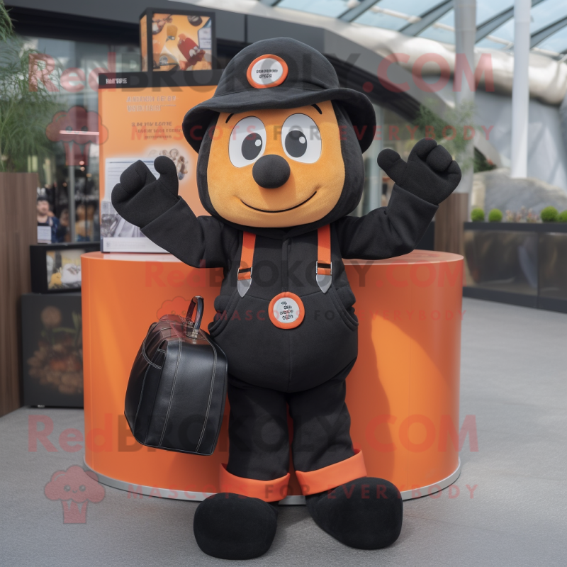 Black Orange mascot costume character dressed with a Dungarees and Wallets Black Orange mascot costume character dressed with a Dungarees and Wallets