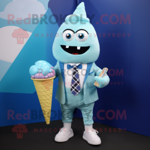 Blue Ice Cream Cone mascot costume character dressed with a Button-Up Shirt and Wallets