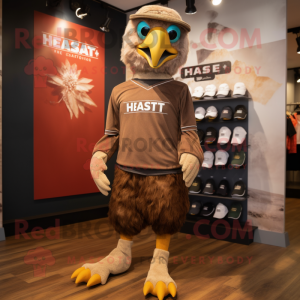Brown Haast'S Eagle mascot costume character dressed with a Running Shorts and Hats