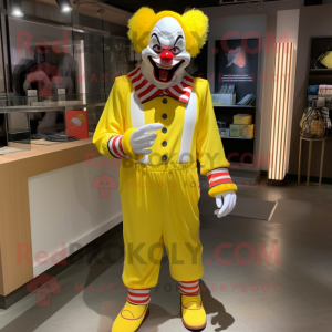 Lemon Yellow Evil Clown mascot costume character dressed with a Joggers and Wallets