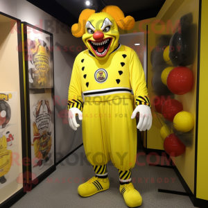 Lemon Yellow Evil Clown mascot costume character dressed with a Joggers and Wallets