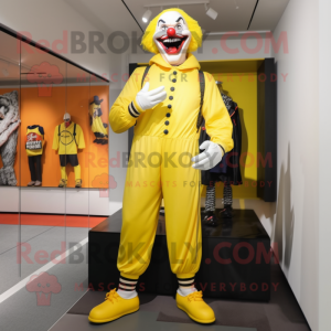 Lemon Yellow Evil Clown mascot costume character dressed with a Joggers and Wallets