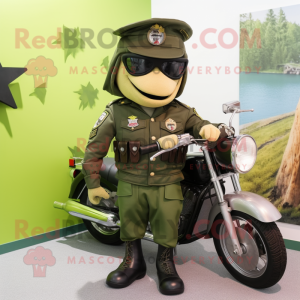 Olive Green Beret mascot costume character dressed with a Biker Jacket and Hairpins