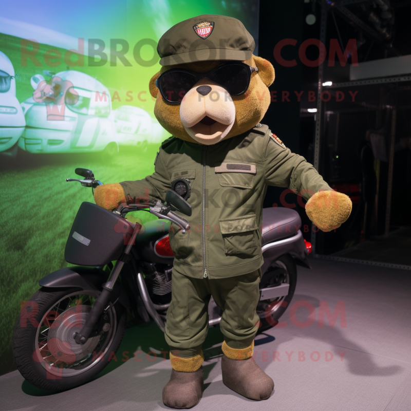 Olive Green Beret mascot costume character dressed with a Biker Jacket and Hairpins