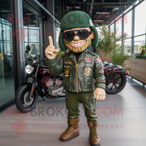 Olive Green Beret mascot costume character dressed with a Biker Jacket and Hairpins