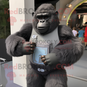 Gray Gorilla mascot costume character dressed with a Graphic Tee and Bracelet watches