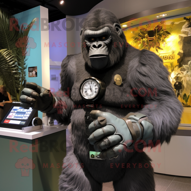 Gray Gorilla mascot costume character dressed with a Graphic Tee and Bracelet watches