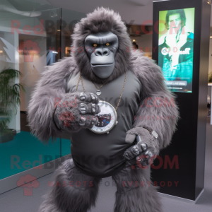 Gray Gorilla mascot costume character dressed with a Graphic Tee and Bracelet watches