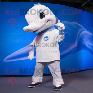 White Dolphin mascot costume character dressed with a Skinny Jeans and Rings