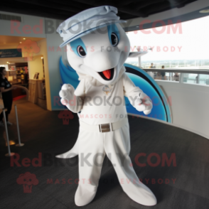 White Dolphin mascot costume character dressed with a Skinny Jeans and Rings