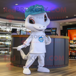 White Dolphin mascot costume character dressed with a Skinny Jeans and Rings