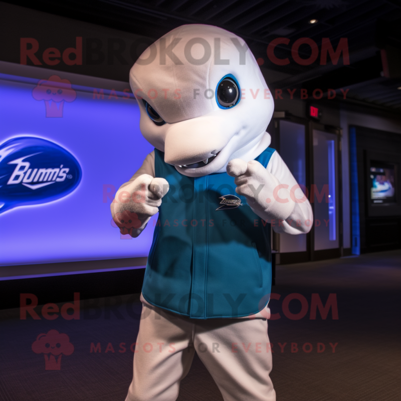 White Dolphin mascot costume character dressed with a Skinny Jeans and Rings