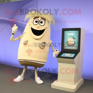 Cream Spaghetti mascot costume character dressed with a V-Neck Tee and Digital watches