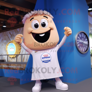 Cream Spaghetti mascot costume character dressed with a V-Neck Tee and Digital watches