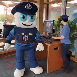Navy Computer mascot costume character dressed with a Mom Jeans and Foot pads