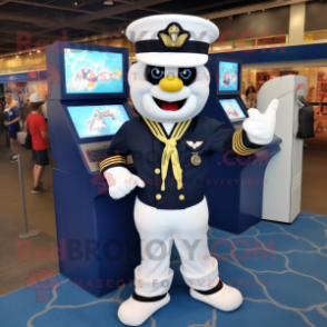 Navy Computer mascot costume character dressed with a Mom Jeans and Foot pads