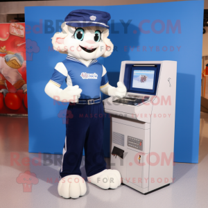 Navy Computer mascot costume character dressed with a Mom Jeans and Foot pads