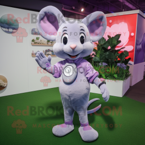 Lavender Mouse mascot costume character dressed with a Romper and Smartwatches