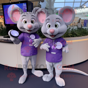 Lavender Mouse mascot costume character dressed with a Romper and Smartwatches