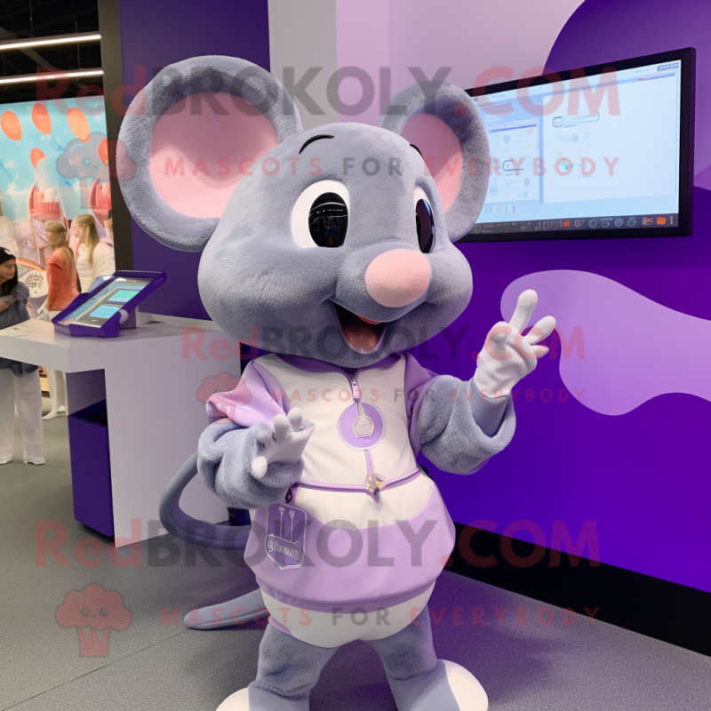 Lavender Mouse mascot costume character dressed with a Romper and Smartwatches