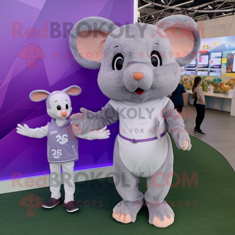 Lavender Mouse mascot costume character dressed with a Romper and Smartwatches Lavender Mouse mascot costume character dressed with a Romper and Smartwatches