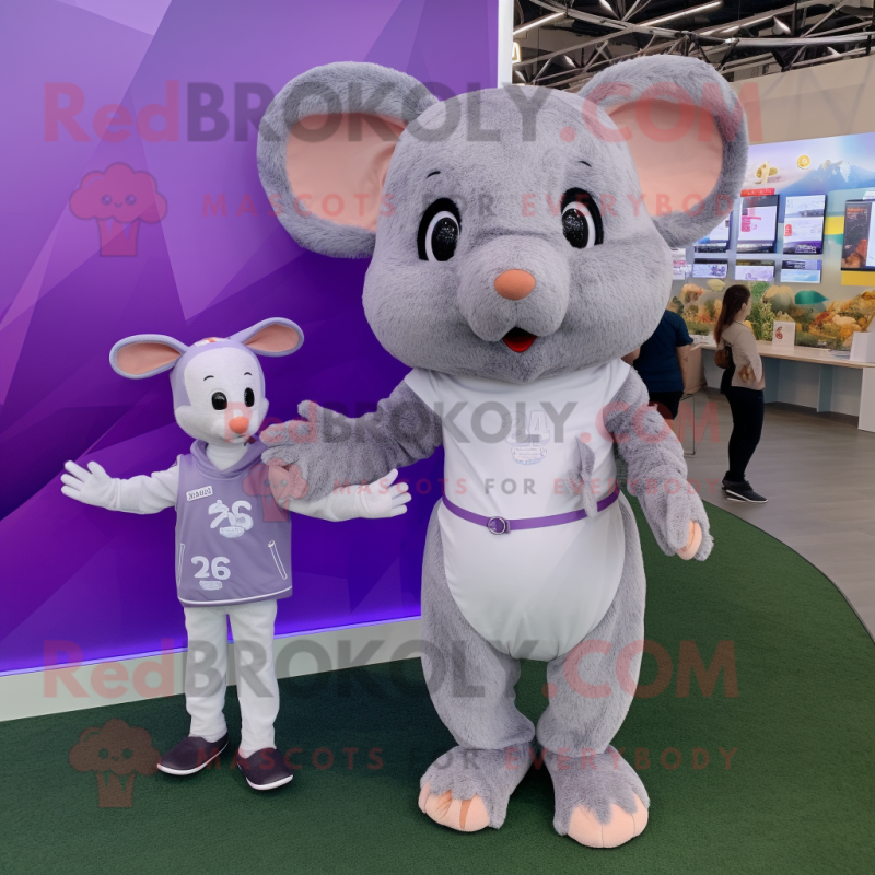 Lavender Mouse mascot costume character dressed with a Romper and Smartwatches