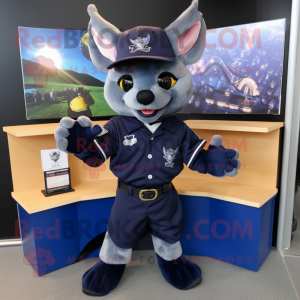 Navy Bat mascot costume character dressed with a Oxford Shirt and Bracelets