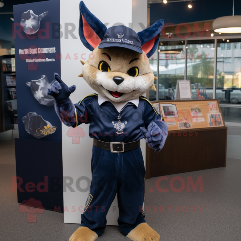 Navy Bat mascot costume character dressed with a Oxford Shirt and Bracelets