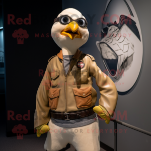 Tan Gull mascot costume character dressed with a Biker Jacket and Suspenders