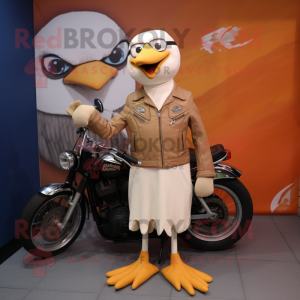 Tan Gull mascot costume character dressed with a Biker Jacket and Suspenders
